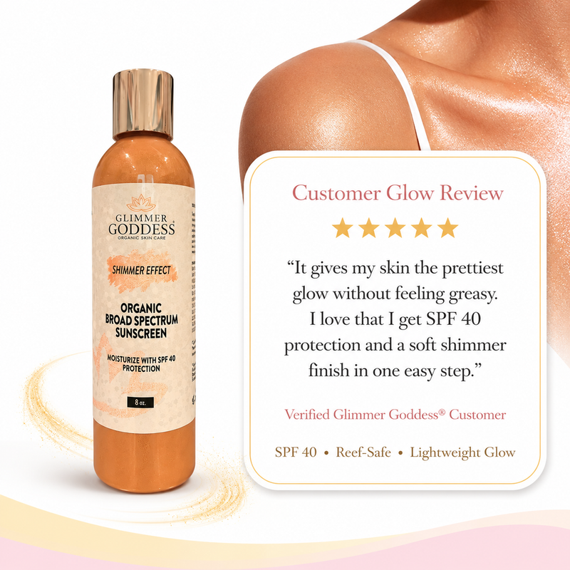 Glimmer Goddess® Organic Skin Care Goddess Glow Shimmer Suntan Lotion SPF 40 – Reef-Safe Radiance Lotions & Creams White Smoke 8 oz.,4 oz.