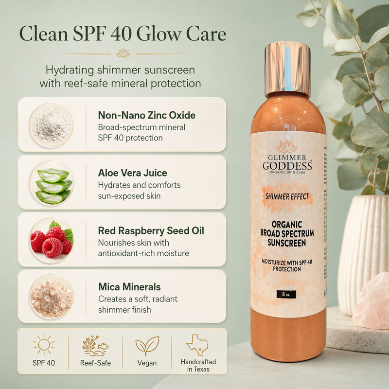 Glimmer Goddess® Organic Skin Care Goddess Glow Shimmer Suntan Lotion SPF 40 – Reef-Safe Radiance Lotions & Creams Antique White 8 oz.,4 oz.