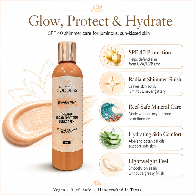Glimmer Goddess® Organic Skin Care Goddess Glow Shimmer Suntan Lotion SPF 40 – Reef-Safe Radiance Lotions & Creams White Smoke 8 oz.,4 oz.