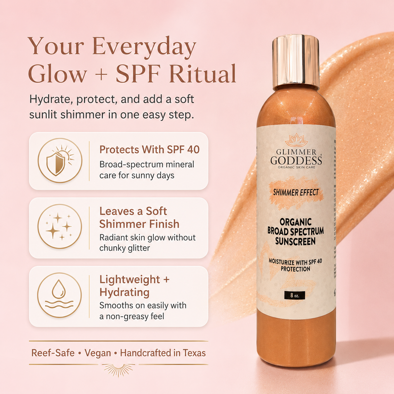 Glimmer Goddess® Organic Skin Care Goddess Glow Shimmer Suntan Lotion SPF 40 – Reef-Safe Radiance Lotions & Creams Misty Rose 4 oz.
