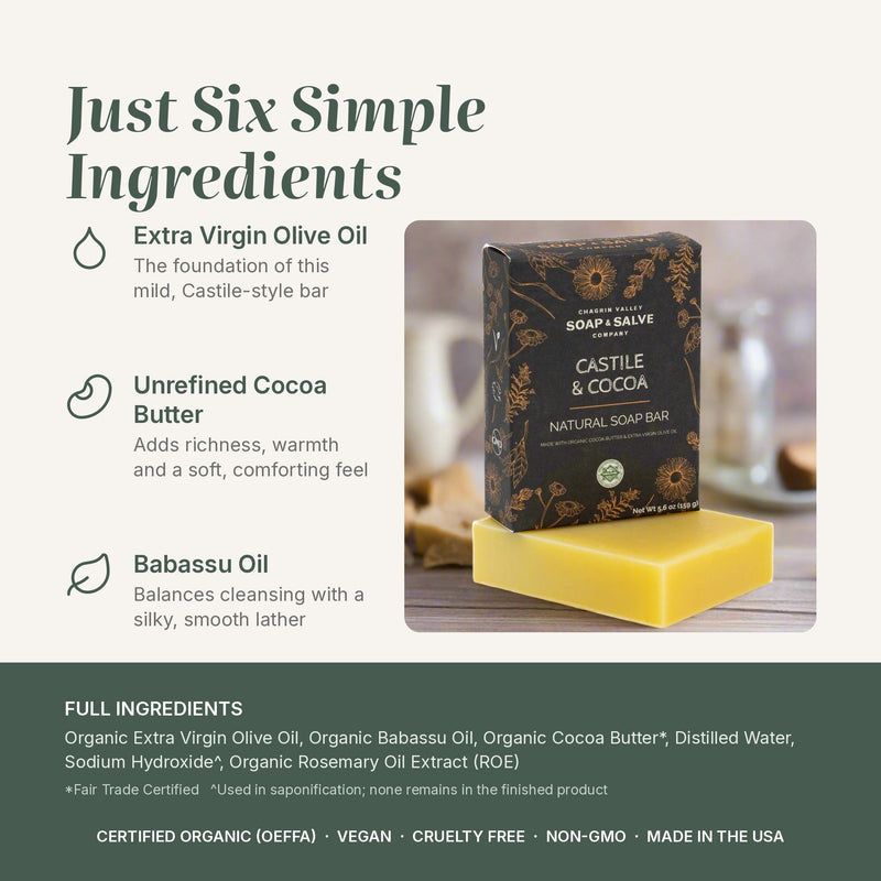 Chagrin Valley Soap & Salve Natural Soap: Castile & Cocoa Soap Seashell Full Bar 5.6 oz,Travel Size Bar 1.7 oz