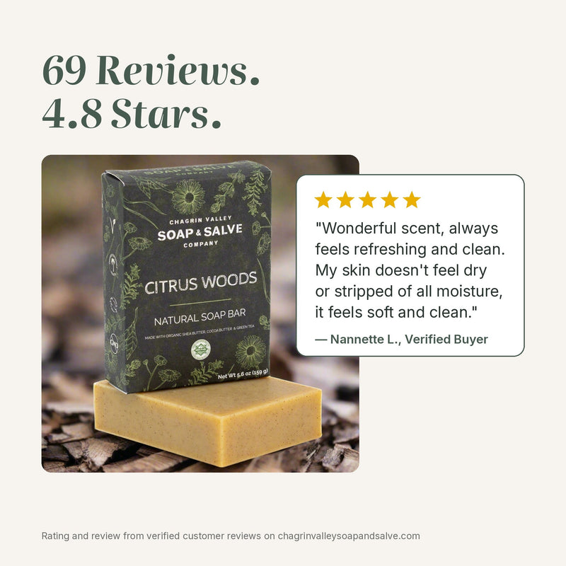 Chagrin Valley Soap & Salve Natural Soap: Citrus Woods Green Tea Soap Soap Seashell Full Bar 5.6 oz,Travel Size Bar 1.7 oz
