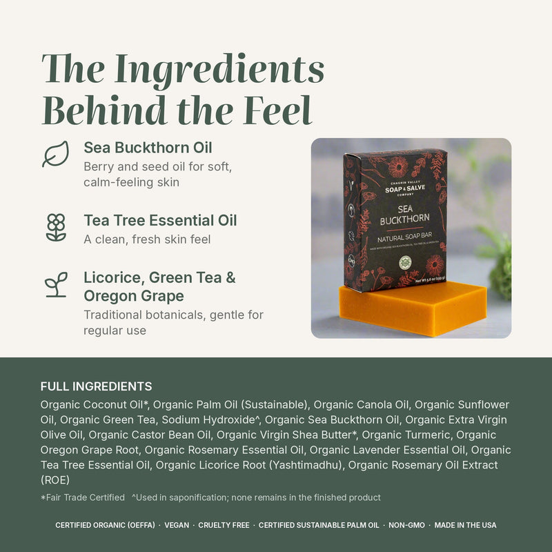 Chagrin Valley Soap & Salve Natural Soap: Sea Buckthorn & Tea Tree Soap Seashell Full Bar 5.6 oz,Travel Size Bar 1.7 oz