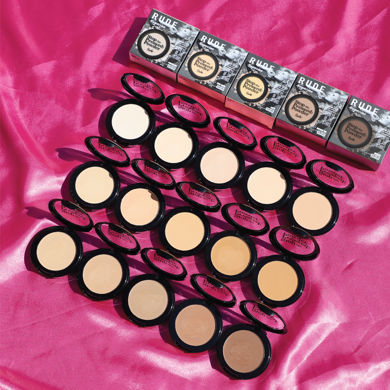 Rude Cosmetics Stop the Press(ed) Powder Powder Maroon Porcelain 01,Fair 02,Light 03,Rosy Nude 04,Nude 05,Cashmere 06,Cool Beige 07,Fawn 08,Light Tan 09,Golden Tan 10,Latte 11,Chai 12,Caramel 13,Hazelnut 14,Mocha 15