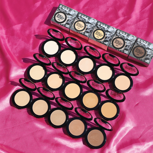 Rude Cosmetics Stop the Press(ed) Powder Powder Maroon Porcelain 01,Fair 02,Light 03,Rosy Nude 04,Nude 05,Cashmere 06,Cool Beige 07,Fawn 08,Light Tan 09,Golden Tan 10,Latte 11,Chai 12,Caramel 13,Hazelnut 14,Mocha 15