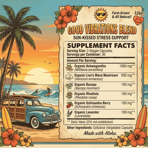 Hippie Farms Stress Support - Good Vibrations Blend - Ashwagandha, Lions Mane, & More Vitamins & Supplements Tan