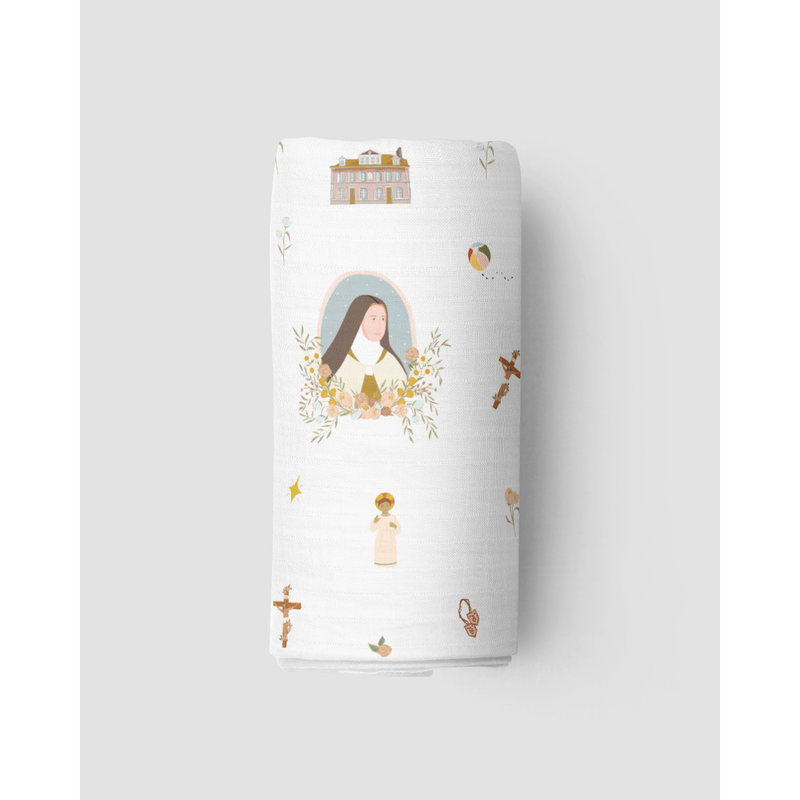Be A Heart St. Therese of Lisieux Muslin Swaddle Baby Blanket Swaddle White Smoke