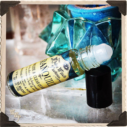 WhiteWitchParlour.com TRANQUILITY Elixir 1/3oz. BODY OIL Rollon. Scent of Sandalwood and Roses. Blessed by Howlite and Clear Quartz Crystals. aromatherapy, perfume, oils Gray