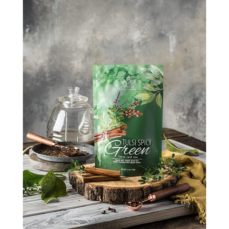 Gardenika Shop Tulsi Spicy Chai Tea, Energy & Focus - Green Tea - Organic & Kosher Loose Leaf Tea Dark Gray