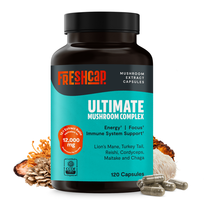 FreshCap Mushrooms Organic Mushroom Complex Supplement Capsules Capsules Black 120 Capsules
