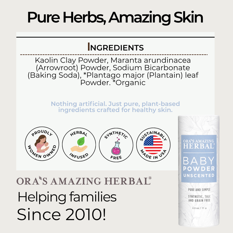 Ora's Amazing Herbal Talc Free Baby Powder, Unscented, Corn Free White Smoke Full Size 2.5 oz,Travel 3 Pack (0.5 oz x 3)