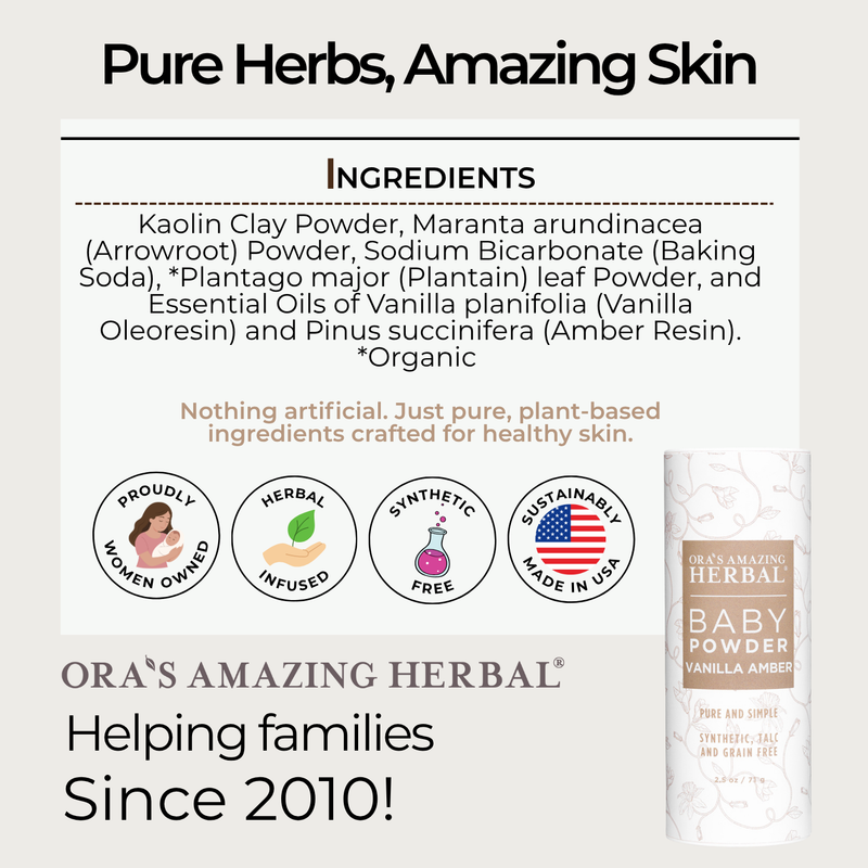 Ora's Amazing Herbal Talc Free Baby Powder, Real Vanilla Amber White Smoke Full Size 2.5 oz,Travel 2 Pack (0.5 oz x 2)