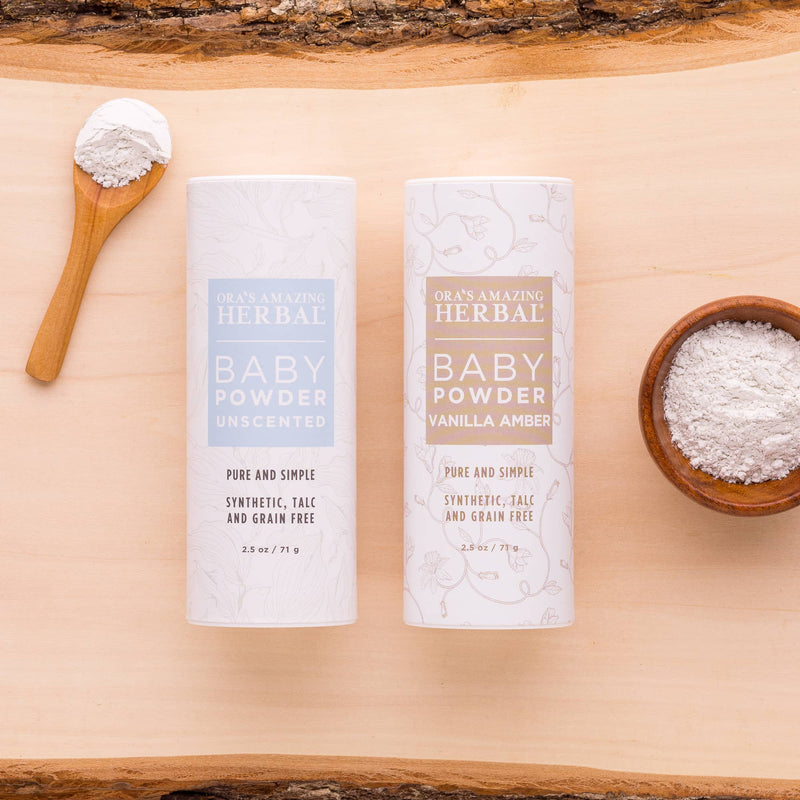 Ora's Amazing Herbal Talc Free Baby Powder, Real Vanilla Amber Wheat Full Size 2.5 oz,Travel 2 Pack (0.5 oz x 2)