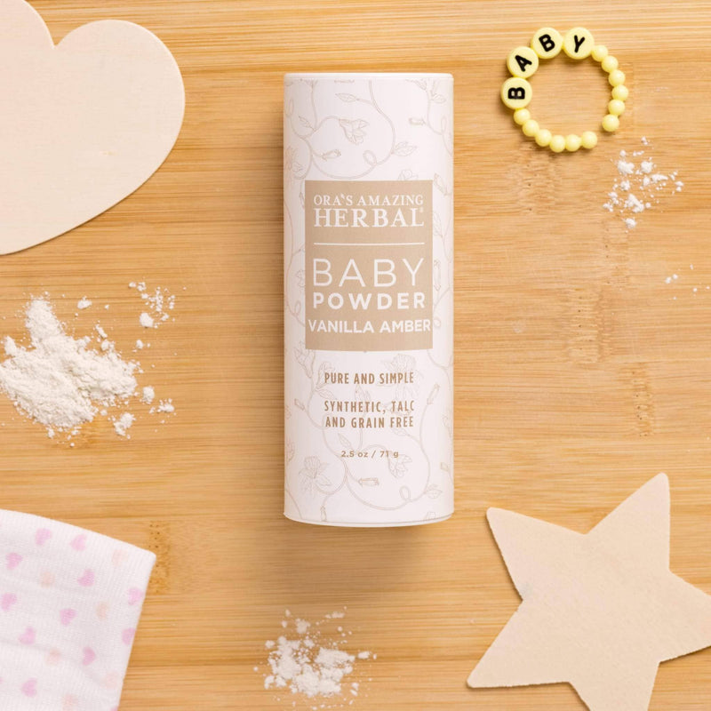 Ora's Amazing Herbal Talc Free Baby Powder, Real Vanilla Amber Tan Full Size 2.5 oz