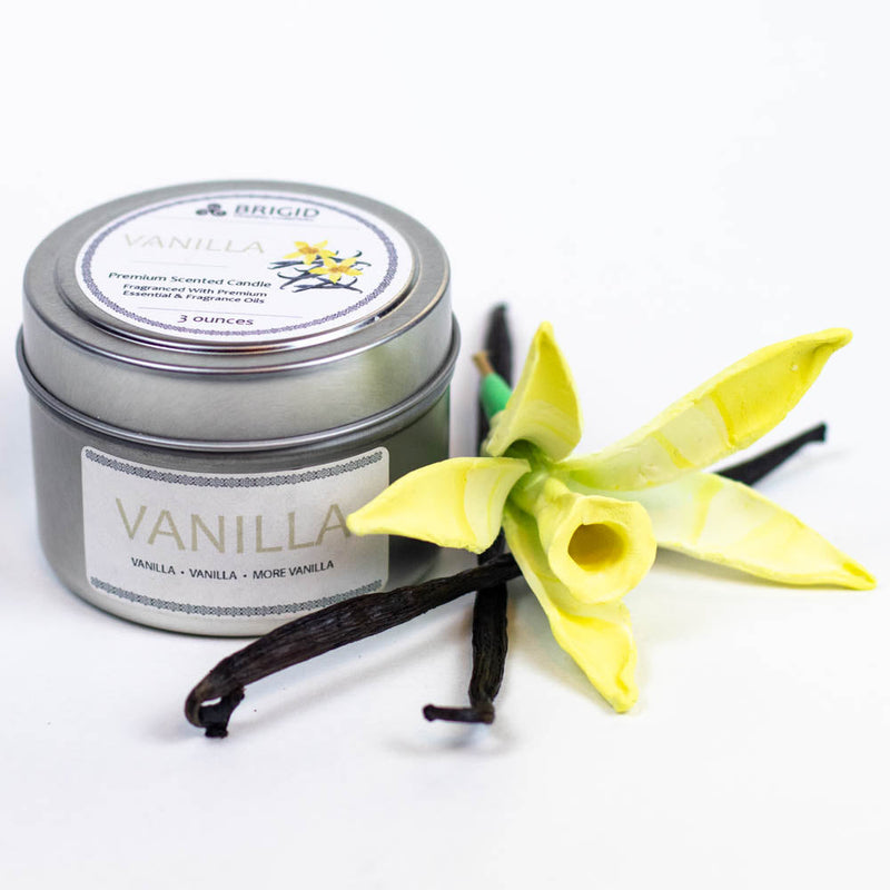 Brigid Trading Company Vanilla Soy Wax Candle - French, Tahitian, and Madagascar Vanillas Premium Scented Candle White Smoke 3oz tin