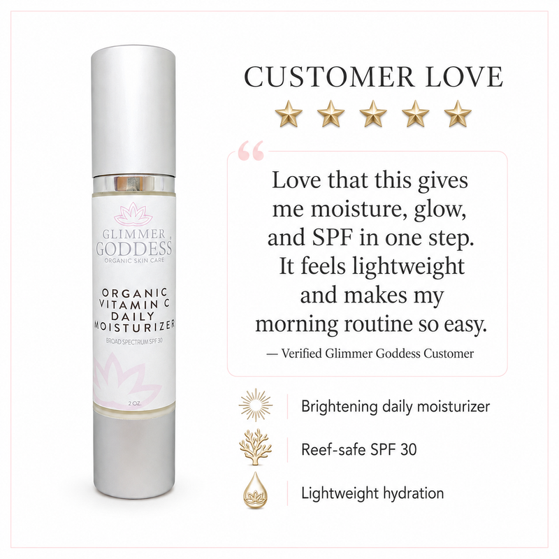 Glimmer Goddess® Organic Skin Care Organic Vitamin C Daily Moisturizer SPF 30 – Brightening Formula Moisturizers White Smoke 2 oz. JAR,2 oz. Airless Bottle - SUMMER VERSION