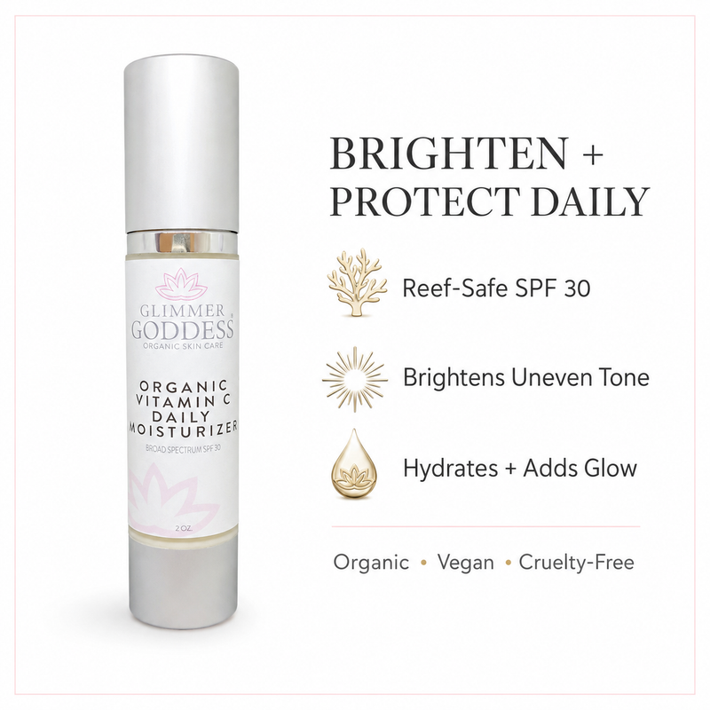 Glimmer Goddess® Organic Skin Care Organic Vitamin C Daily Moisturizer SPF 30 – Brightening Formula Moisturizers White Smoke 2 oz. JAR,2 oz. Airless Bottle - SUMMER VERSION