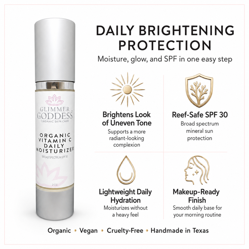 Glimmer Goddess® Organic Skin Care Organic Vitamin C Daily Moisturizer SPF 30 – Brightening Formula Moisturizers White Smoke 2 oz. JAR,2 oz. Airless Bottle - SUMMER VERSION