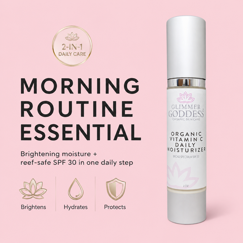 Glimmer Goddess® Organic Skin Care Organic Vitamin C Daily Moisturizer SPF 30 – Brightening Formula Moisturizers Misty Rose 2 oz. JAR,2 oz. Airless Bottle - SUMMER VERSION