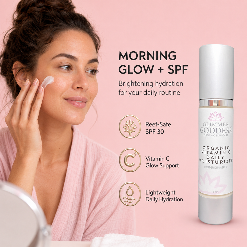 Glimmer Goddess® Organic Skin Care Organic Vitamin C Daily Moisturizer SPF 30 – Brightening Formula Moisturizers Pink 2 oz. JAR,2 oz. Airless Bottle - SUMMER VERSION