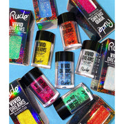 Rude Cosmetics Vivid Dreams Face & Body Glitter Loose Glitter & Pigments Dark Slate Gray Parallel Universe,Diluted Reality,Dream in Color,Psychosomatic,Acid Trip,Laughing Dandelions,Dreamscape,Visionary,Multiverse,Night Terrors,Daydream,Cloud 9,Galaxy Cluster,Sweet Escape,Delusion,Fragmented Reality,Paralysis,Nirvana