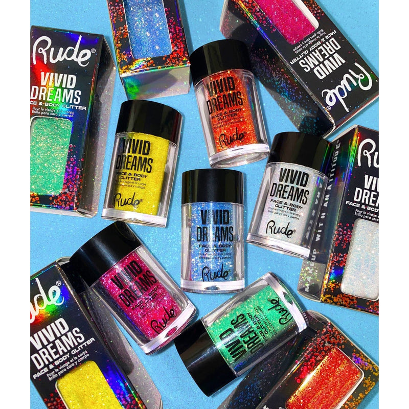 Rude Cosmetics Vivid Dreams Face & Body Glitter Loose Glitter & Pigments Dark Slate Gray Parallel Universe,Diluted Reality,Dream in Color,Psychosomatic,Acid Trip,Laughing Dandelions,Dreamscape,Visionary,Multiverse,Night Terrors,Daydream,Cloud 9,Galaxy Cluster,Sweet Escape,Delusion,Fragmented Reality,Paralysis,Nirvana