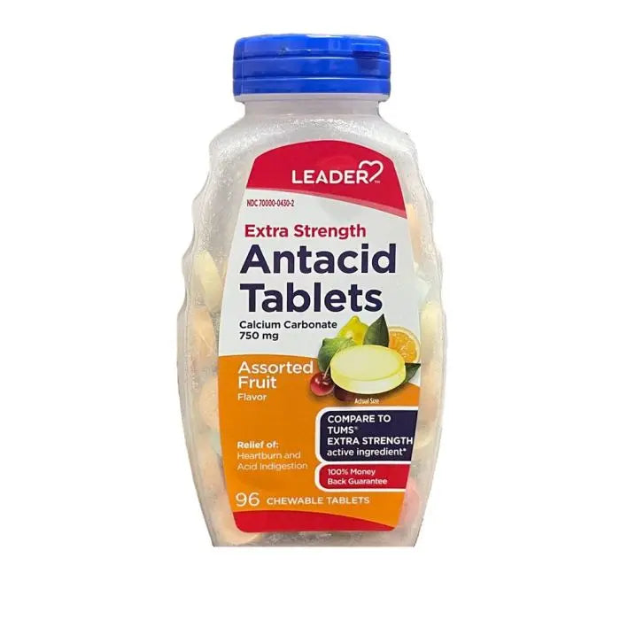 Leader Leader Antacid, Extra Strength, 750mg, Chewable Tablets, Assorted Fruit, 96 ct Vitamins & Supplements White Smoke