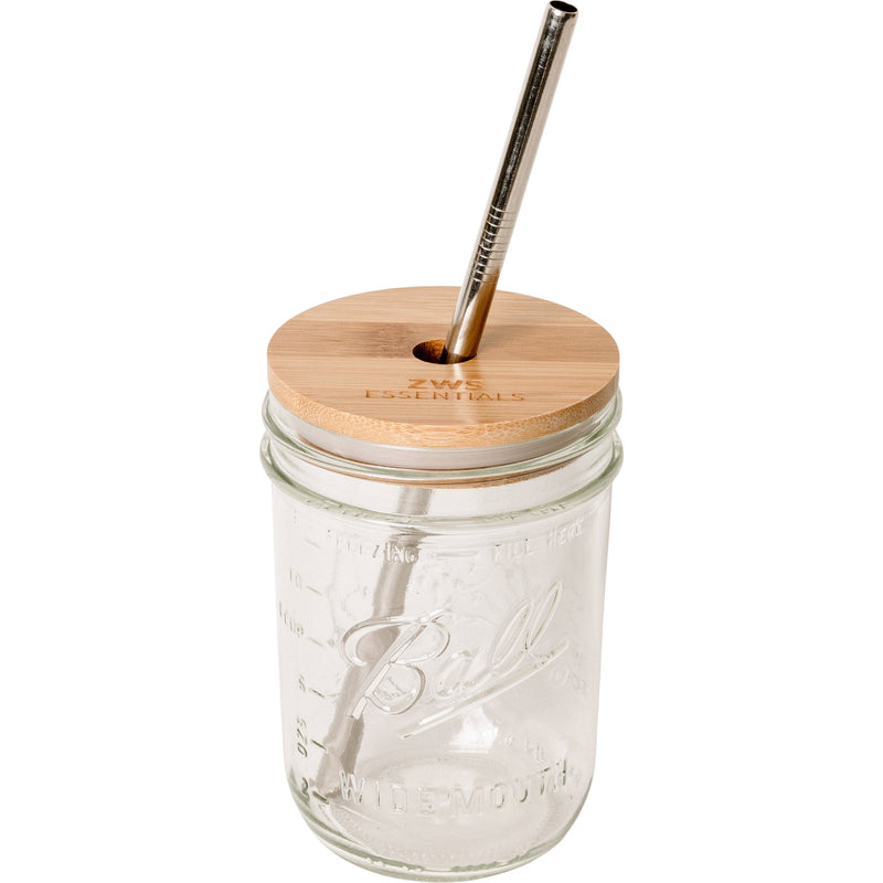 ZeroWasteStore.com Mason Jar Kit- Mason Jar, Bamboo Lid, Stainless Steel Straw Drinkware Sets White Smoke Wide Mouth Jar