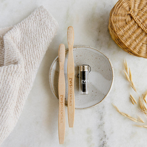 ZeroWasteStore.com Dental Care Mini Kit Oral Care Gray 2 Bamboo Toothbrushes + Bamboo Charcoal Floss
