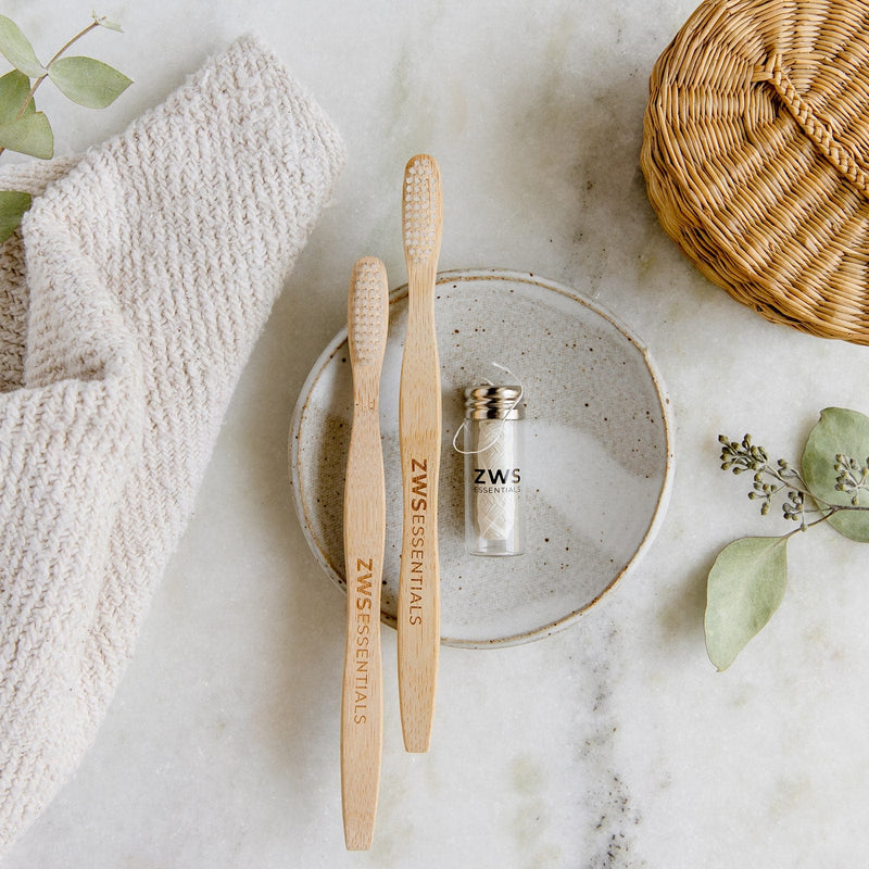ZeroWasteStore.com Dental Care Mini Kit Oral Care Light Gray 2 Bamboo Toothbrushes + Silk Floss