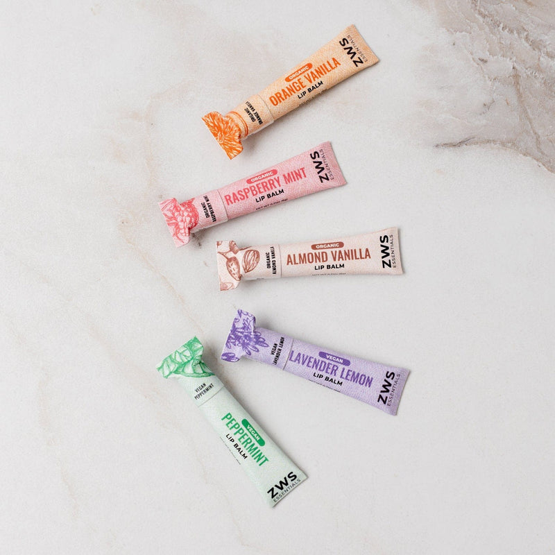 ZeroWasteStore.com All Natural Lip Balm Light Gray Organic Almond Vanilla,Organic Orange Vanilla,Organic Raspberry Mint,Vegan Peppermint,Vegan Lavender Lemon,Lip Balm Set - Bundle of 5,Organic Trio,Vegan Duo
