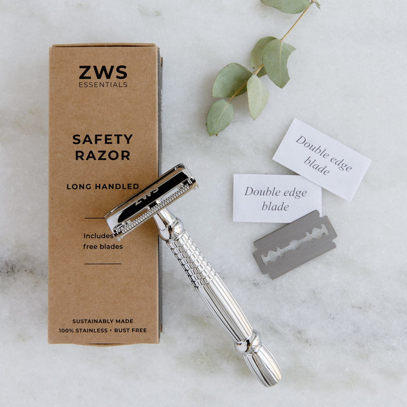 ZeroWasteStore.com Zero Waste Safety Razor - Sustainable Razor - Single Blade, 10 Free Blades Razors & Razor Blades Gray Long Handle