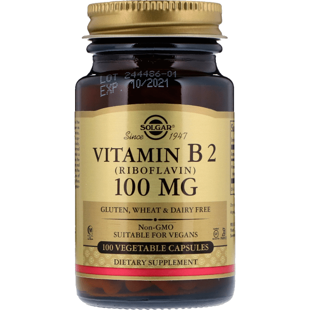 SOLGAR Solgar Vitamin B2 (Riboflavin) 100 mg 100 Vegetable Capsules Vitamin Supplement Dark Khaki