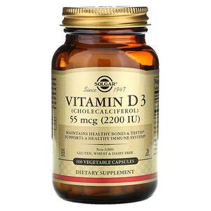 SOLGAR Solgar Vitamin D3 (Cholecalciferol) 2200 IU 100 Vegetable Capsules Vitamin D3 Supplement Tan
