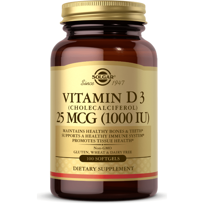 SOLGAR Solgar Vitamin D3 (Cholecalciferol) 25 mcg (1000 IU) 100 Softgels Vitamin Supplement Dark Khaki