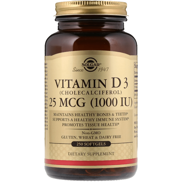 SOLGAR Solgar Vitamin D3 (Cholecalciferol) 25mcg (1000 IU) 250 Softgels Vitamin D Supplement Tan