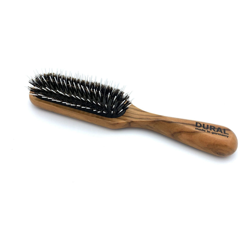 Dural Dural Hair Brush For Styling & Care Rubber Cushion Wild Boar Bristles With Styling Pins Olive Wood Hair Brush Dim Gray