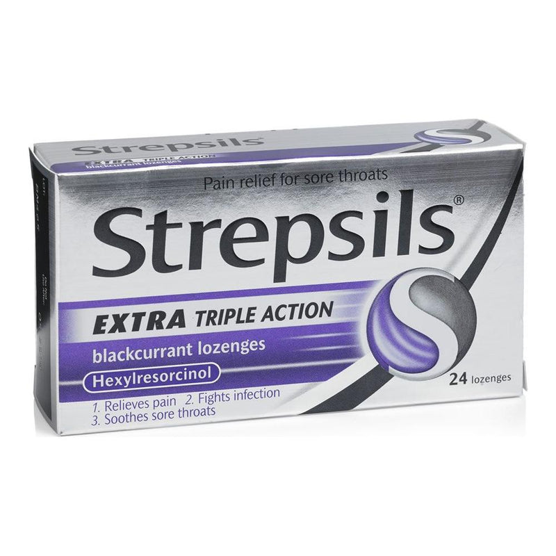 Strepsils Strepsils Extra Triple Action Blackcurrant 24 Lozenges Over-the-Counter Medication Light Gray