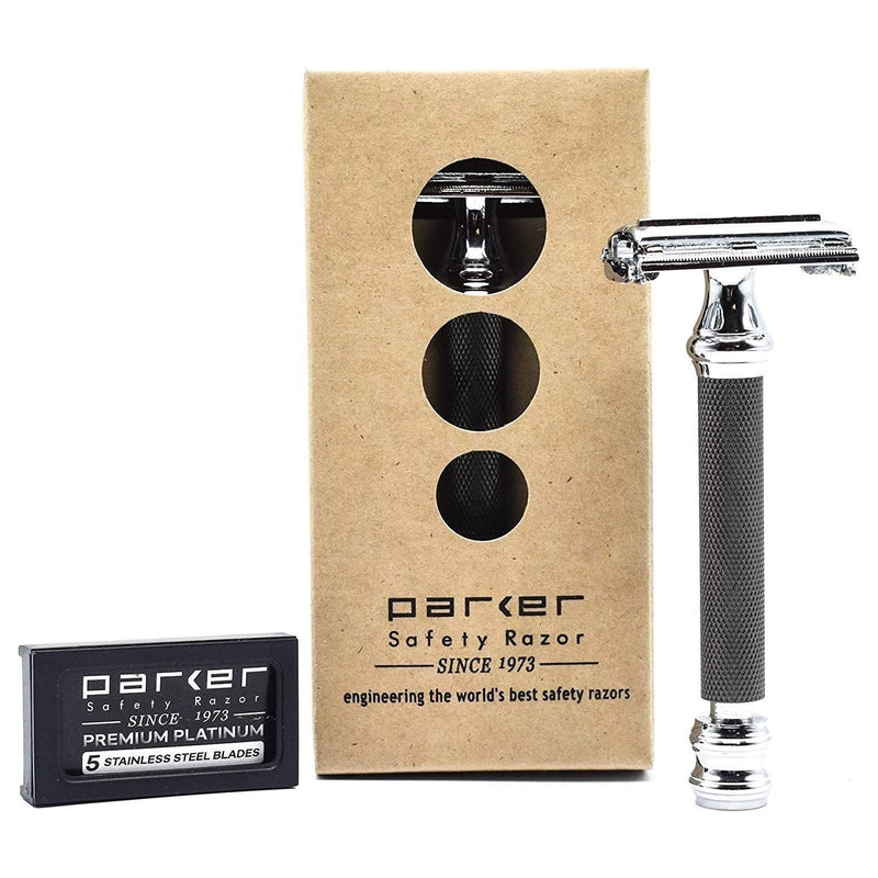Parker Parker 76R Heavyweight Black And Chrome Handle With 5 Free Derby Blades Safety Razor Tan