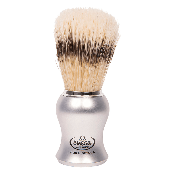 Omega Omega Matte Silver Handle Shaving Brush On Black Stand #81229 Shaving Brush Light Gray