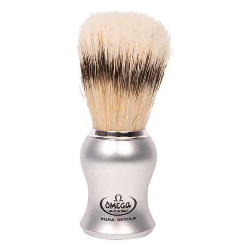 Omega Omega Matte Silver Handle Shaving Brush On Black Stand #81229 Shaving Brush Light Gray
